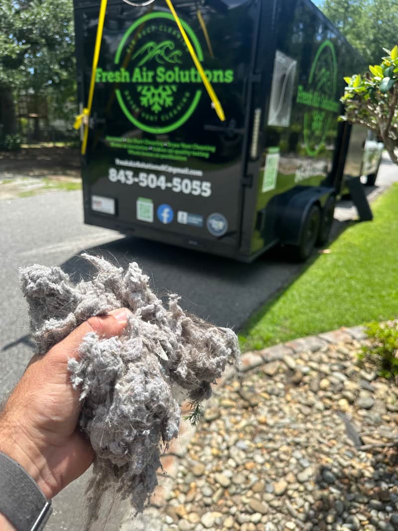 Handful of lint removed from a dryer vent by Fresh Air Solutions